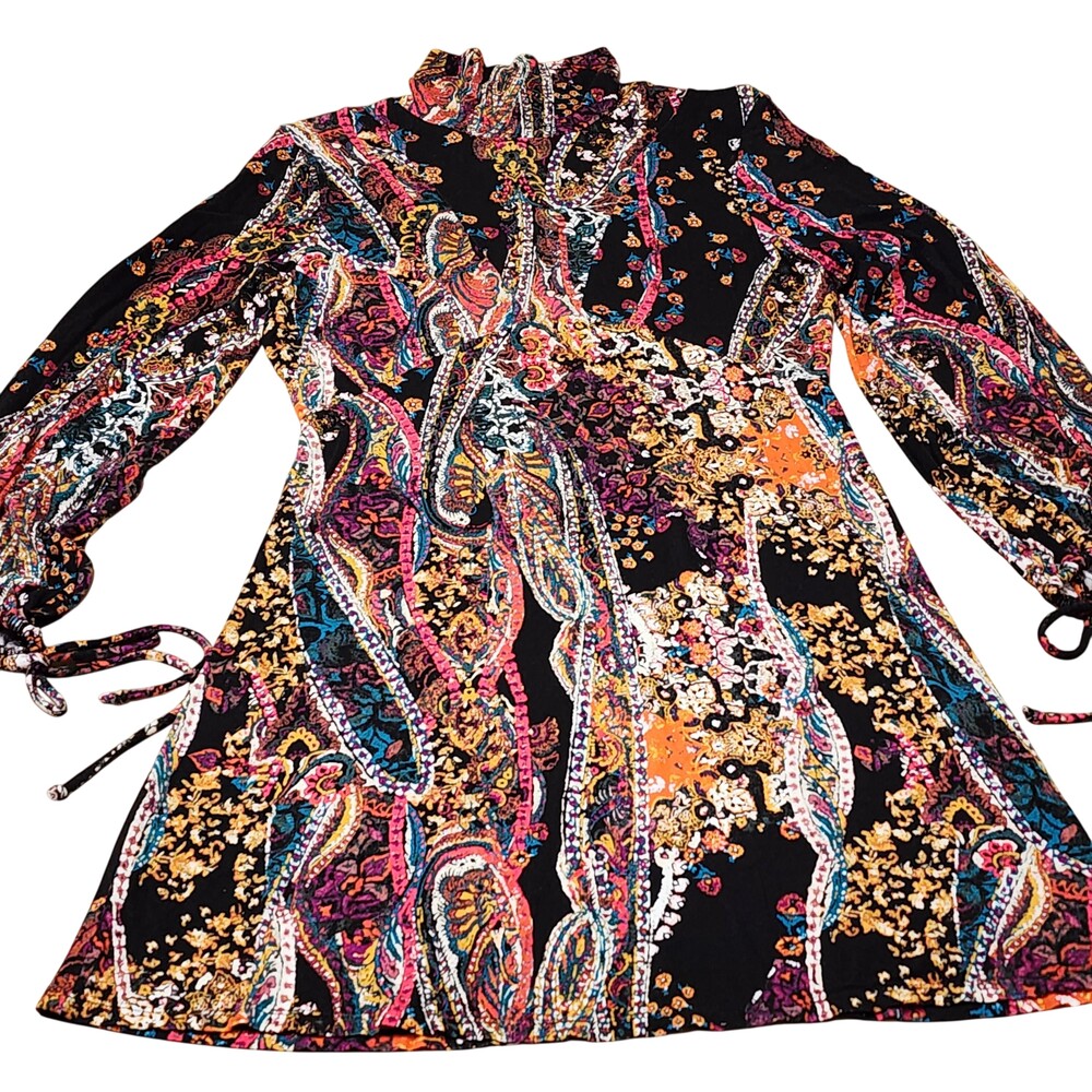 Free People Dress Womens Medium Multicolor Paisley Boho High Neck Keyhole Mini